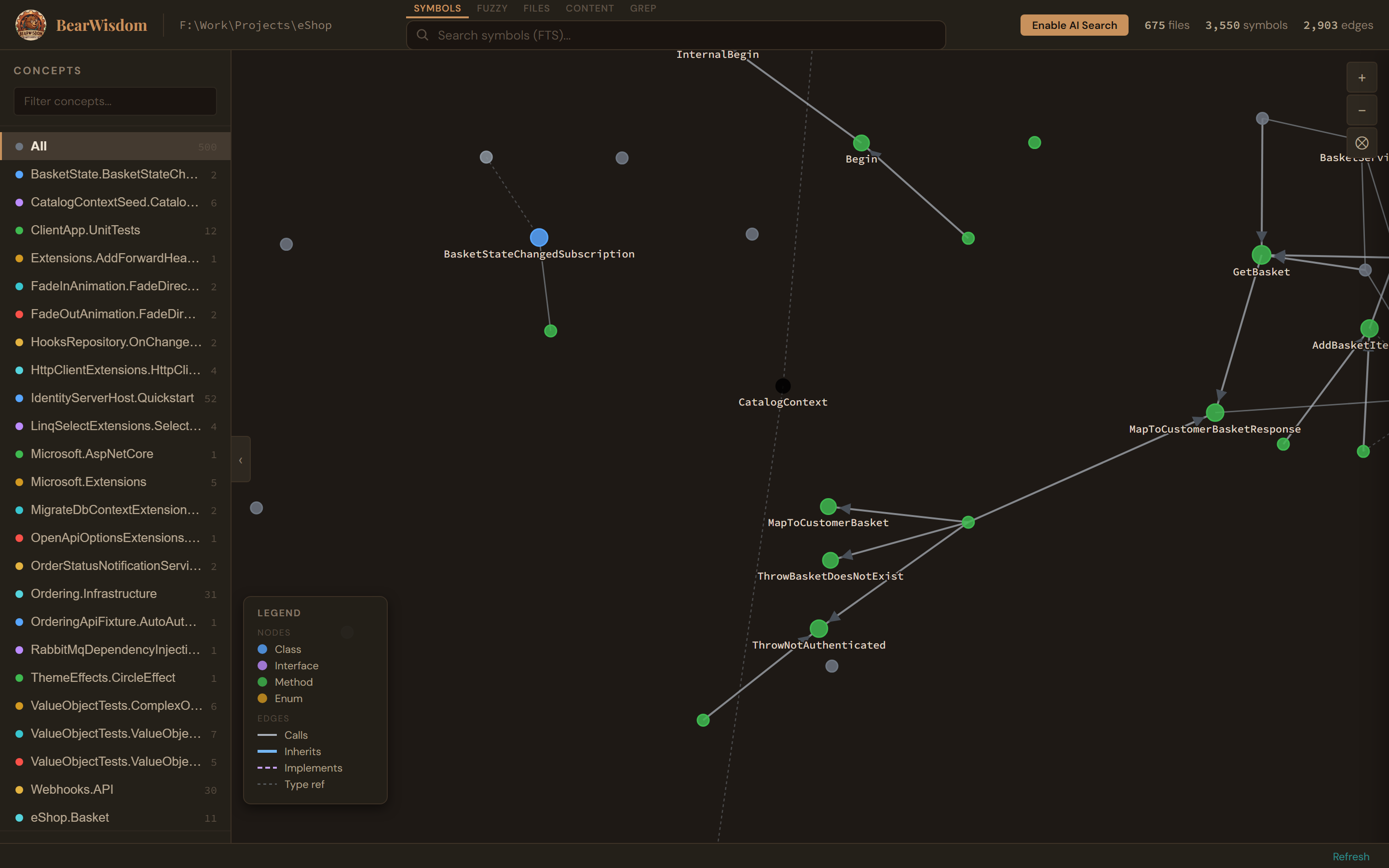 BearWisdom Explorer — force-directed knowledge graph with concept sidebar